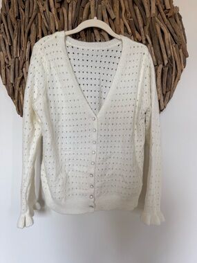 Women’s Cream Open-Knit V-Neck Button Cardigan